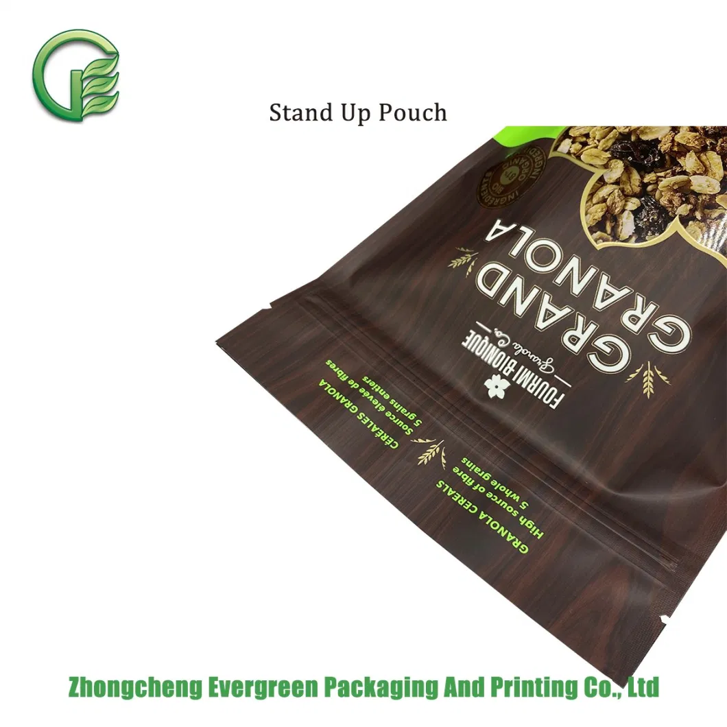 Rotogravure Printing Laminated Plastic Food Packaging Granola Stand up Bags Resealable Closures Zip Lock Easy Opening High Vapor Water Barrier Doypack Pouches