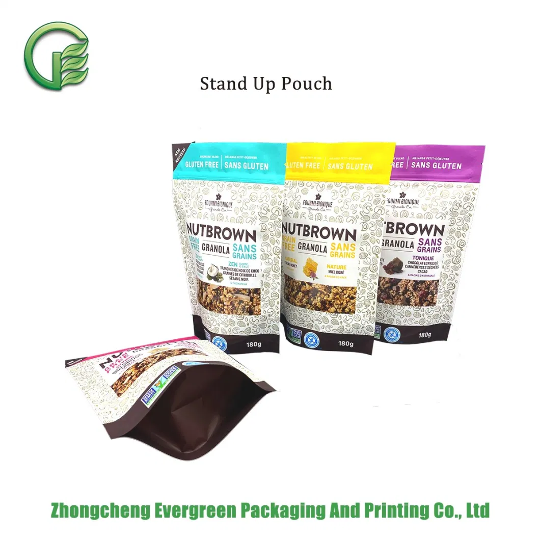 Rotogravure Printing Laminated Plastic Food Packaging Granola Stand up Bags Resealable Closures Zip Lock Easy Opening High Vapor Water Barrier Doypack Pouches