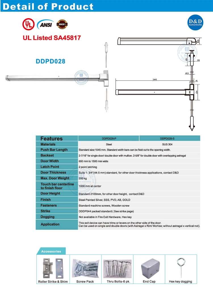 Effective Commercial Used Stainless Steel Panic Exit Bar with UL305