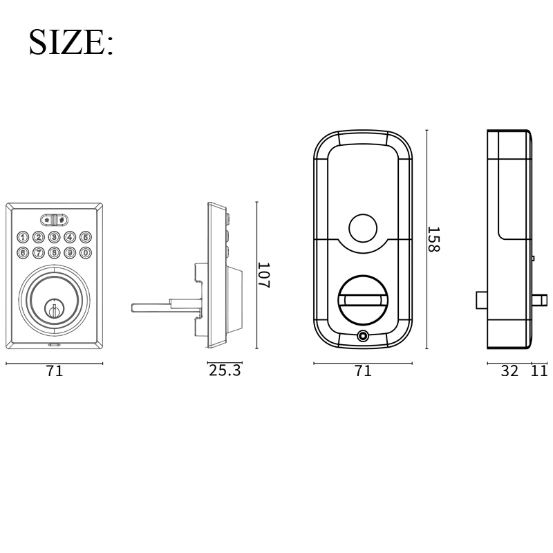 60-70 Adjustable Bolt Wooden Door Smart Lock for 35-50mm Door Thickness