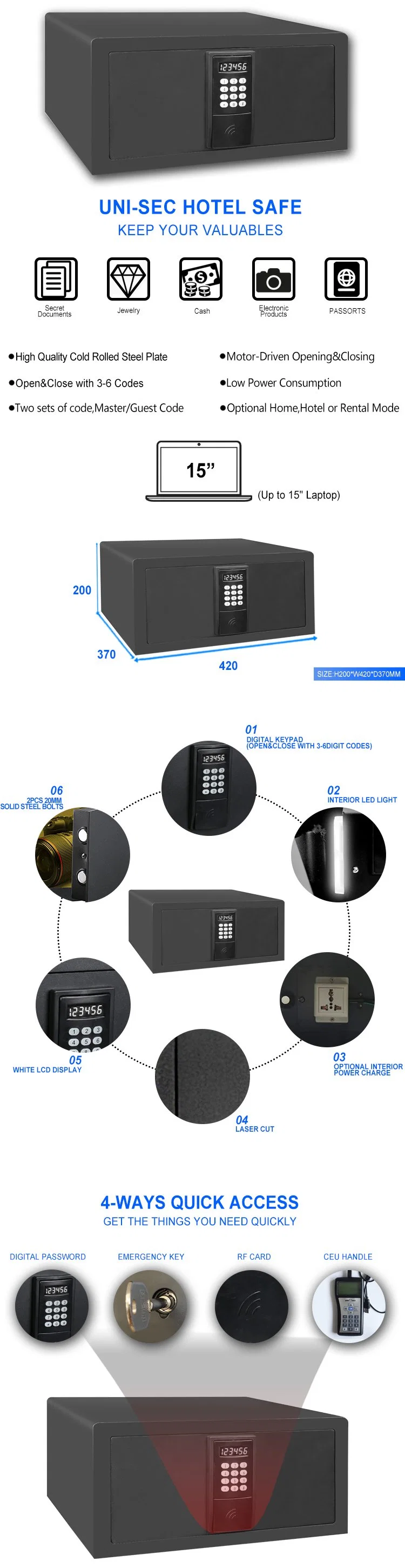 Uni-Sec Hotel Fingerprint Safe Box /Rafid Safe Card High Security Level with CE RoHS Certificate Professional Factory Supply From China (USS-2042ERF)