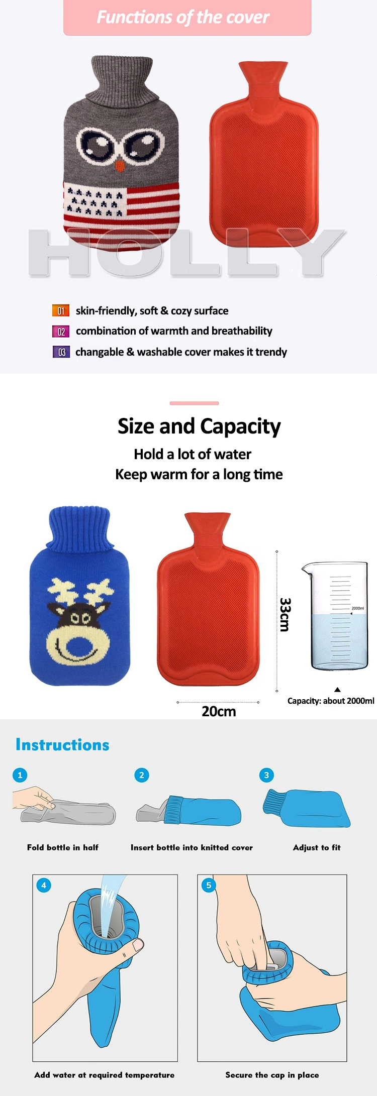 Animal Pattern Knit Cover for Magical Heat Waterfilling Baby 500ml Rubber Hot Water Bag