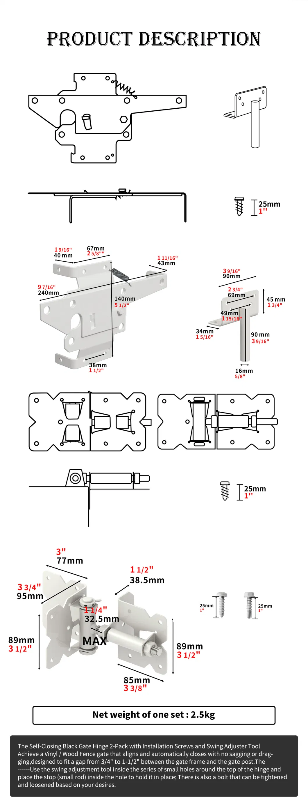 Adjustable Self-Closing Farm Wood/Vinyl/PVC Fence Gate Post Hinge and Door Latch Hardware