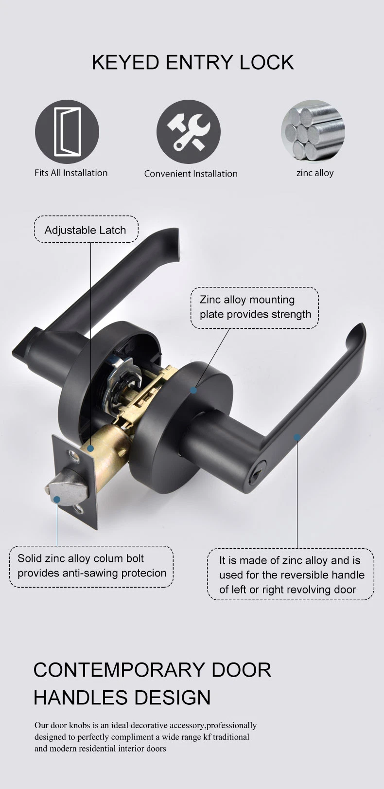 Contemporary Hot Sell Double Sided Zinc Alloy Tubular Door Handle Lever Lock