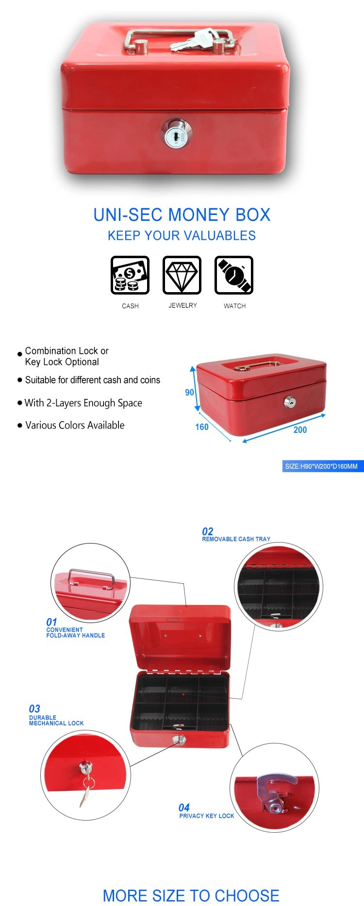 Uni-Sec Cute Iron Metal Mini Money Safe Box Cash Safe with Lock Cash Chest Money-Box Cash-Box Locker with Plastic Tray Inside for Euro Coins Cashier (CB-20)