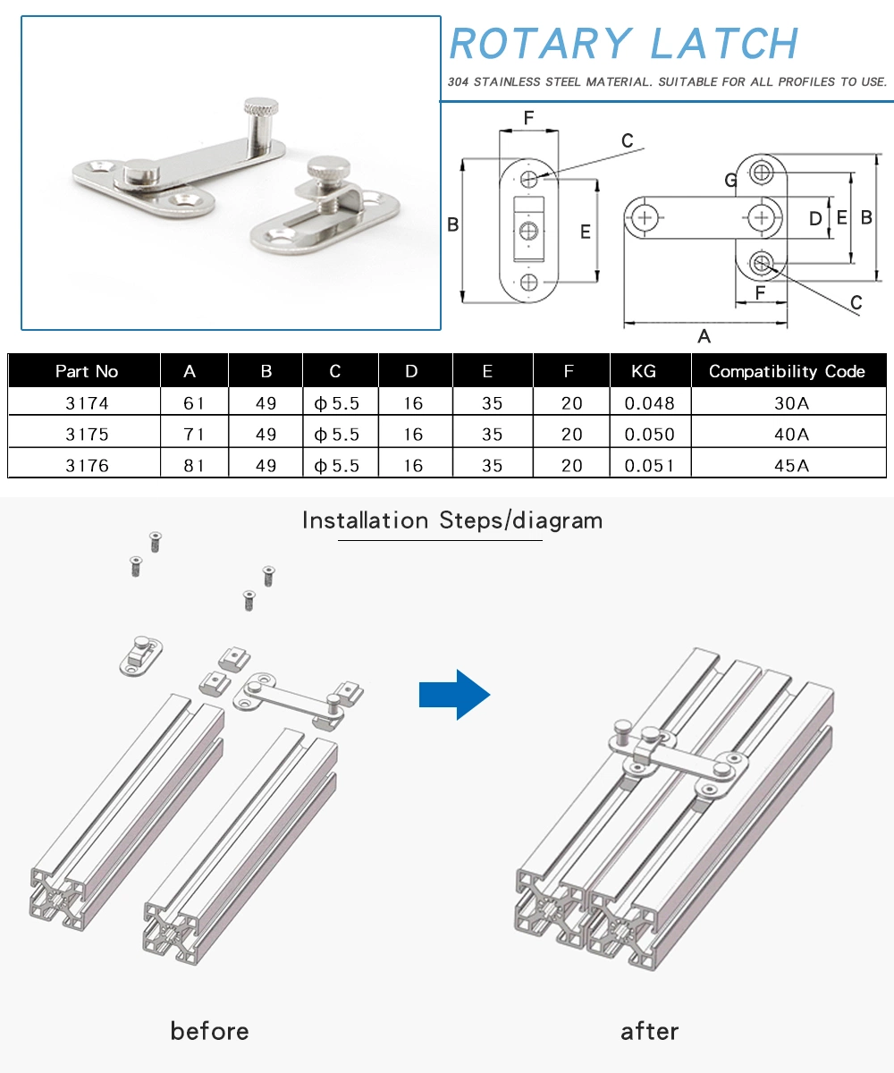 Cheap Aluminium Profiles 304 Stainless Steel Material Rotary Latch /Door Holder/Catch30A 40A 45A Door Connector