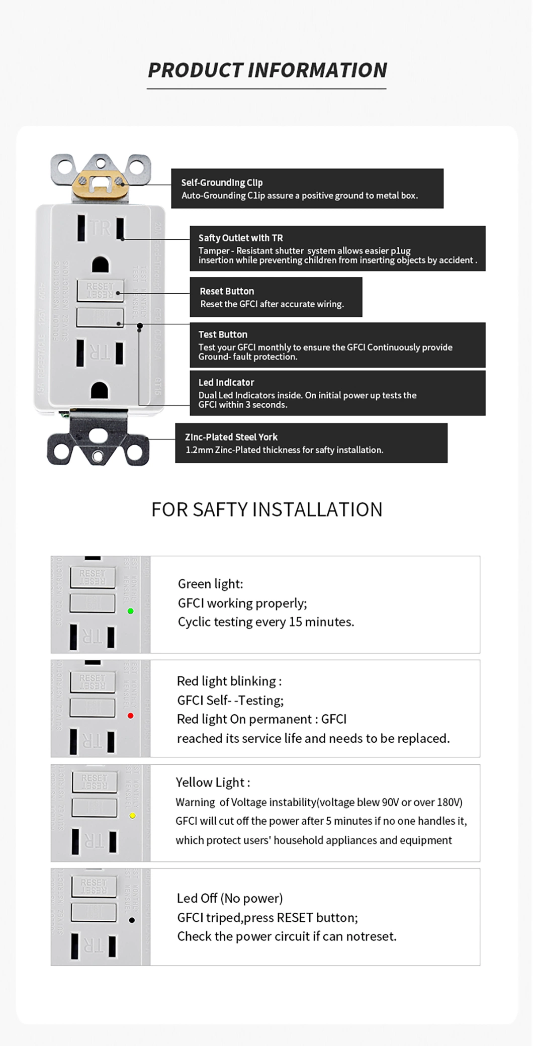 15 AMP GFCI Tamper Resistant Standard Grounding Child Safety Outlet GFCI