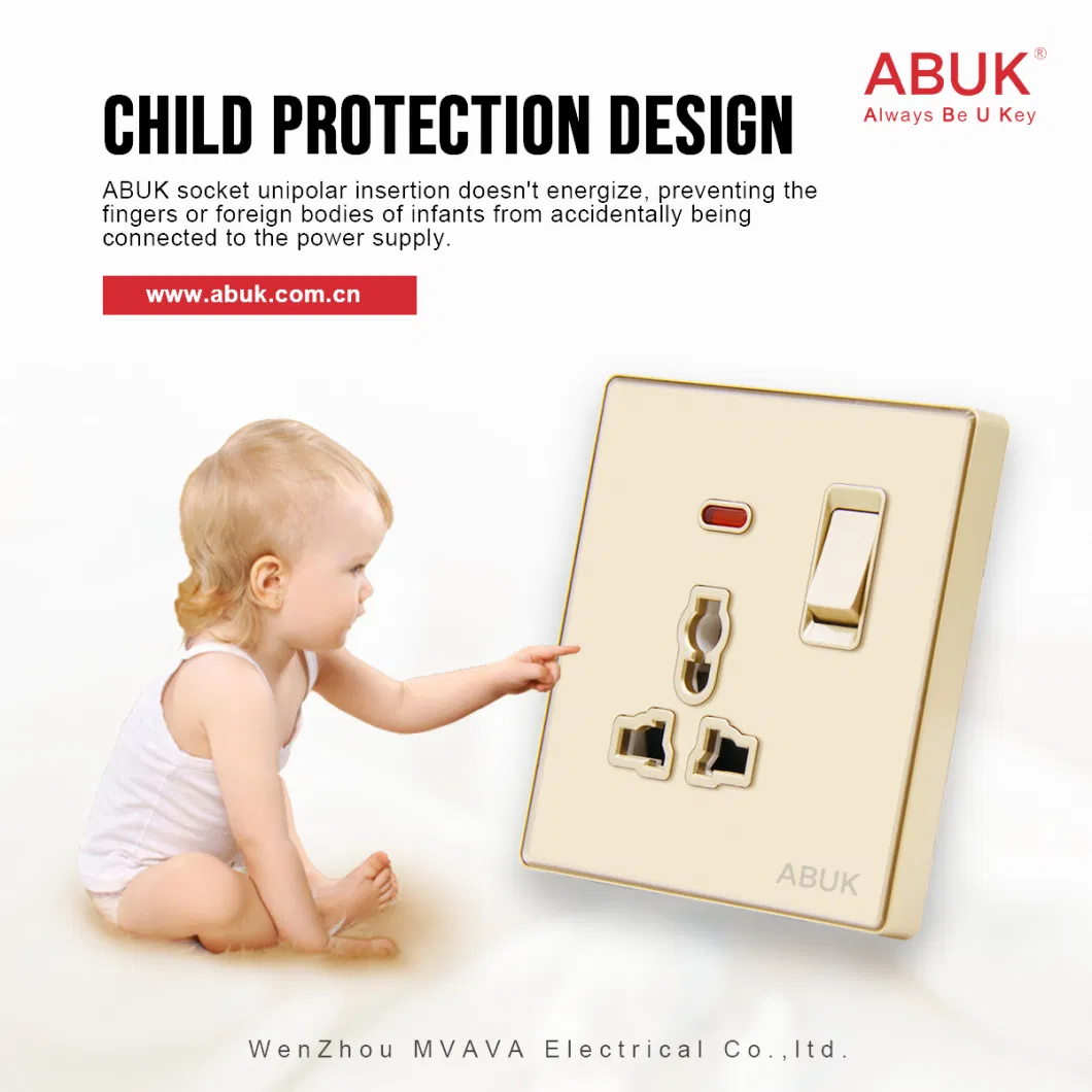 Abuk 15A 250V Luxury Baby Safety 1 Gang Light Control Electric Wall Switch Socket Power Plugs and Sockets for Home
