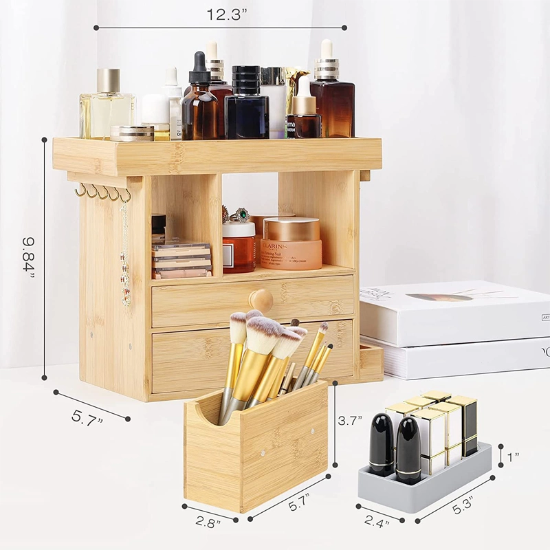 Bamboo Makeup Organizer Cosmetic Jewelry Storage Organizer Multi-Function Stand Box