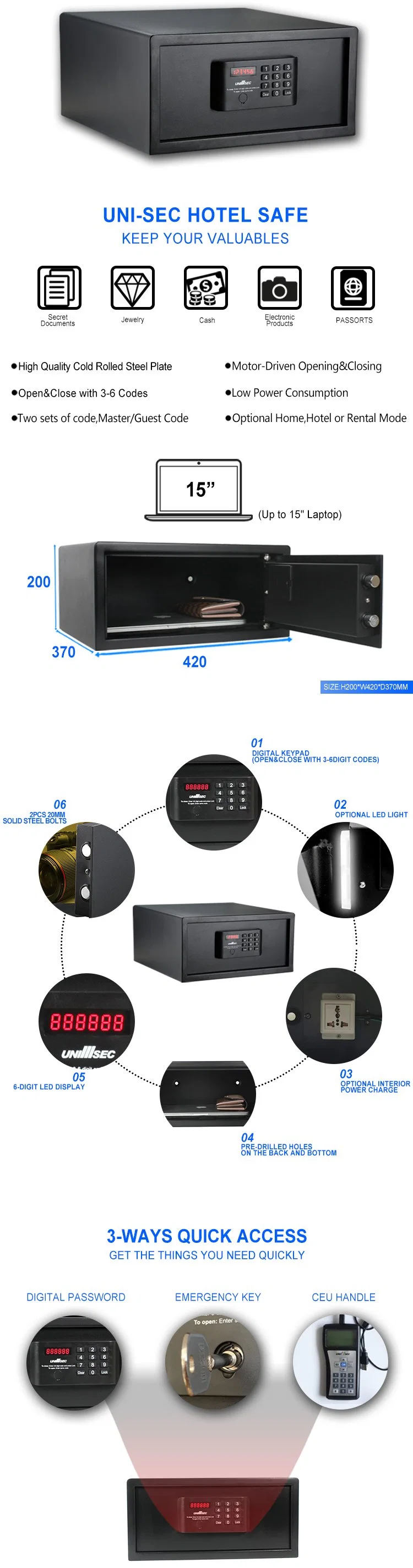 Widely Used Security Long Warranty Big Discount Electronic Digital Commercial/Hotel Safe Box with CE Certificate Portable Foam Fire Monitor (USS-2042EYF)