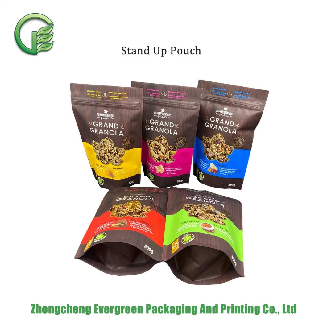 Rotogravure Printing Laminated Plastic Food Packaging Granola Stand up Bags Resealable Closures Zip Lock Easy Opening High Vapor Water Barrier Doypack Pouches