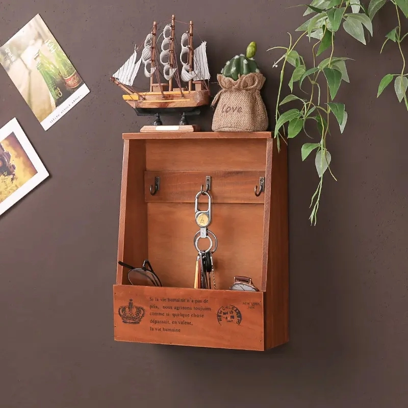 Wooden Retro Style Key Hook Wall-Mounted Storage Box Mi23000