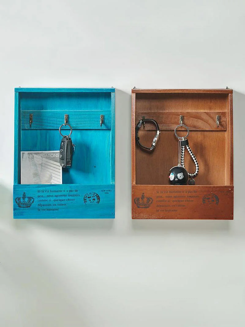 Wooden Retro Style Key Hook Wall-Mounted Storage Box Mi23000