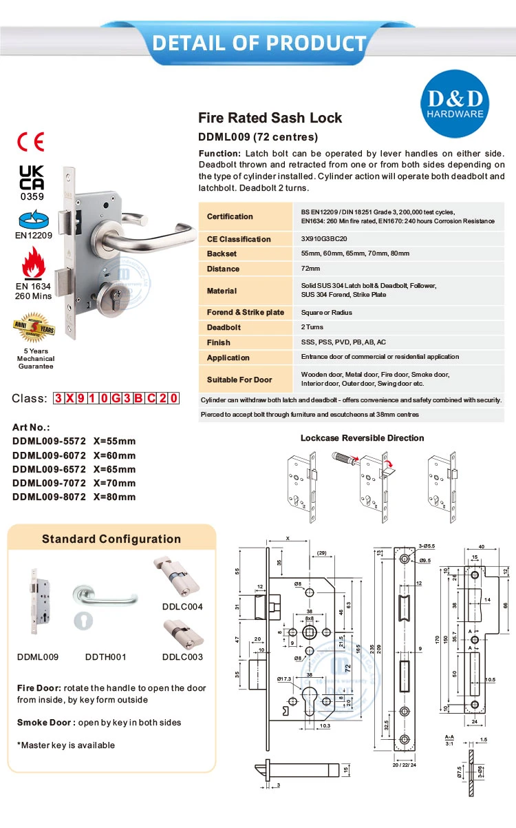 Euro Fire Rated Stainless Steel CE Outside Mortise Handle Lock Metal Sash Deadbolt Safety Security Internal Commercial Cylinder Lockset Mortice Front Door Lock