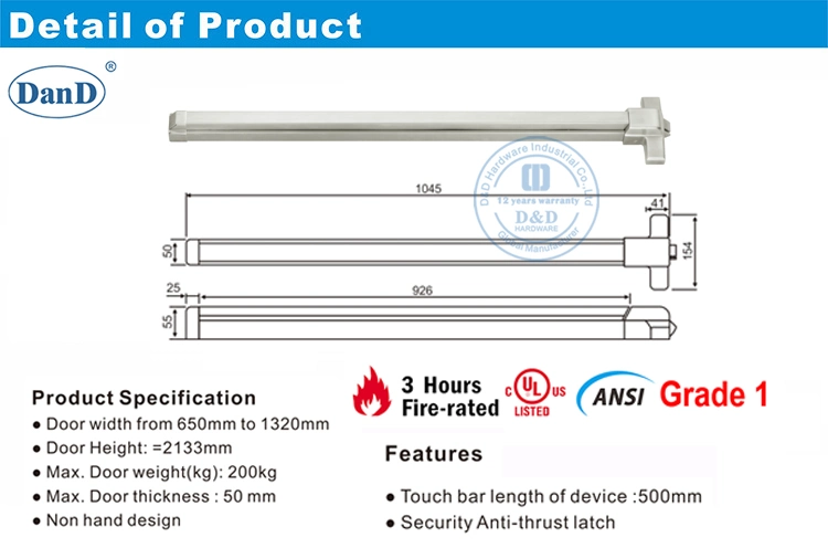 UL Listed Stainless Steel 304 Door Hardware Accessory ANSI Fireproof Security Panic Exit Device Push Bar Panic Exit Lock