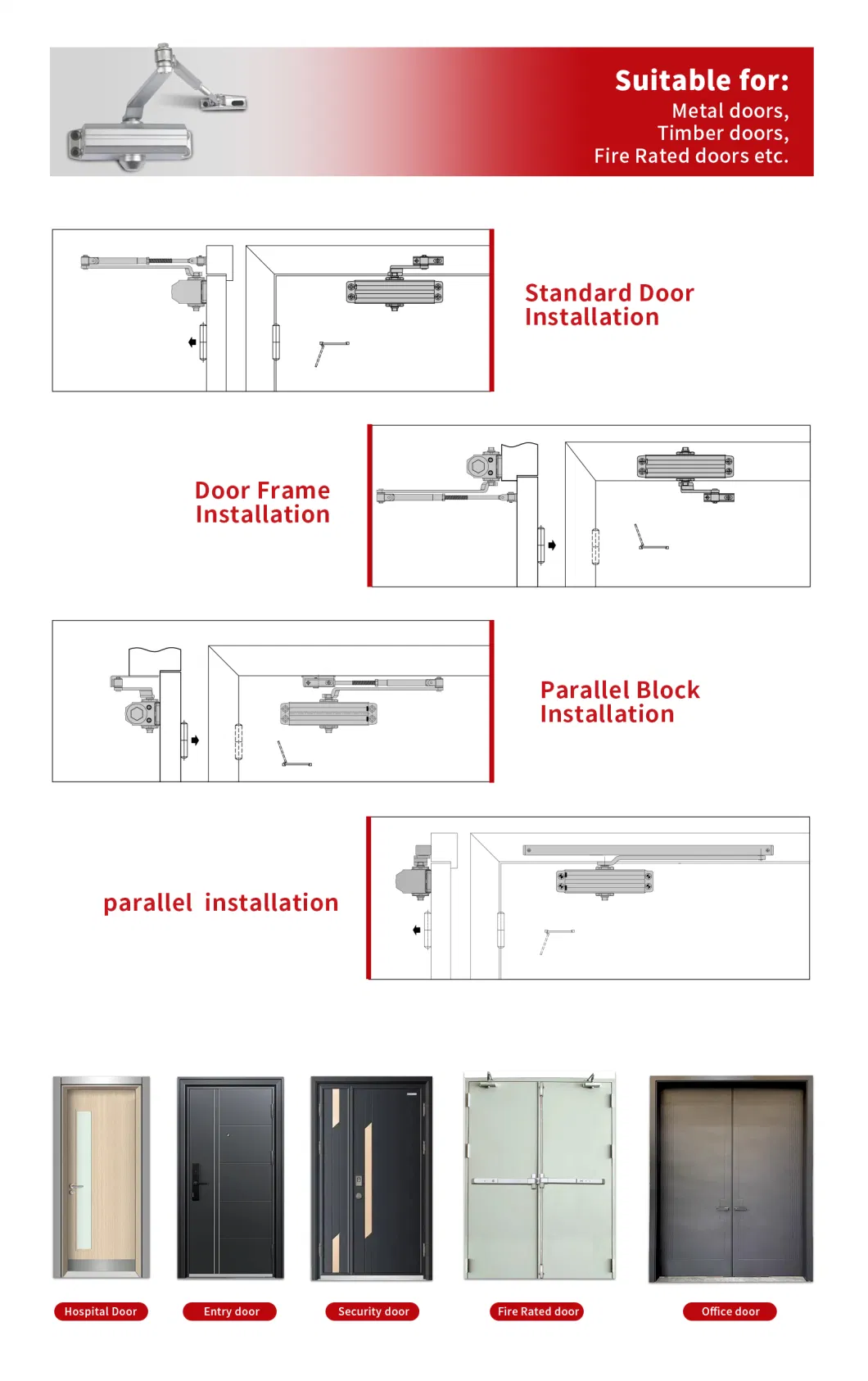 CE&UL Fire-Proof Door Adjustable Aluminium Door Closer for 45-65kg Door (503)