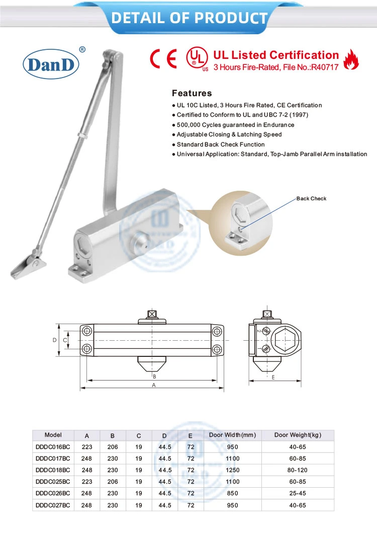 UL Listed Aluminum Alloy Best 180 Degree Automatic Hydraulic Fire Rated Back Check Adjusting Overhead Quiet Hold Open Residential CE Door Closer Manufacturers