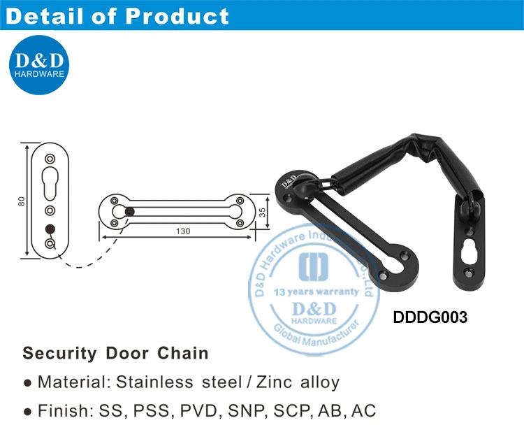 Stainless Steel Matt Black Hotel Safety Security Door Chain for Home