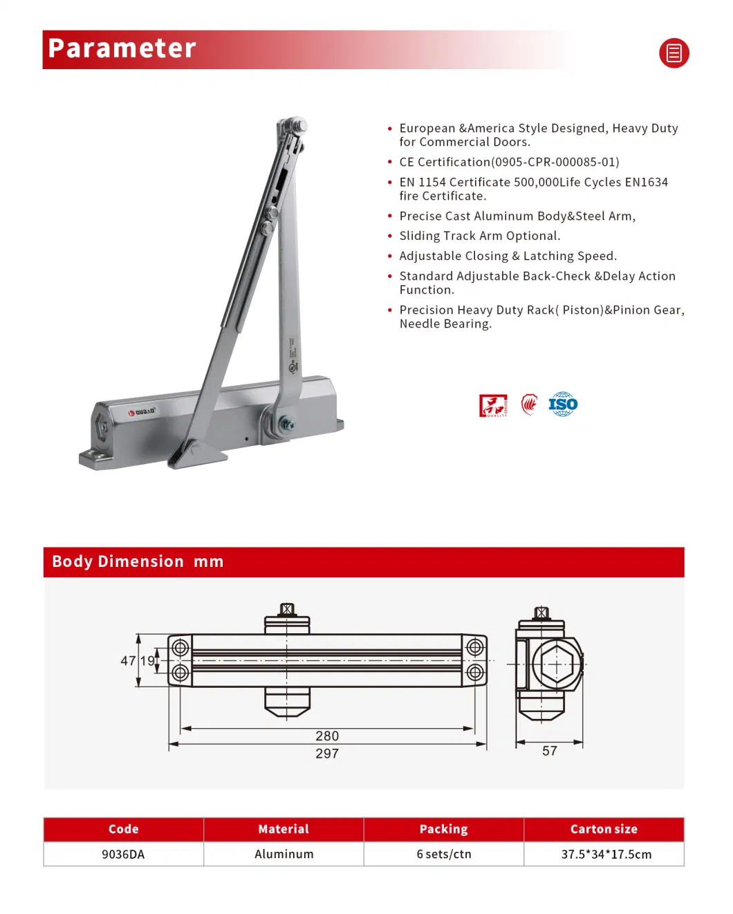 Oubao CE UL Building Door Hardware Fittings Aluminium Hydraulic Fire Spring Heavy Duty Door Closer (9036DA)