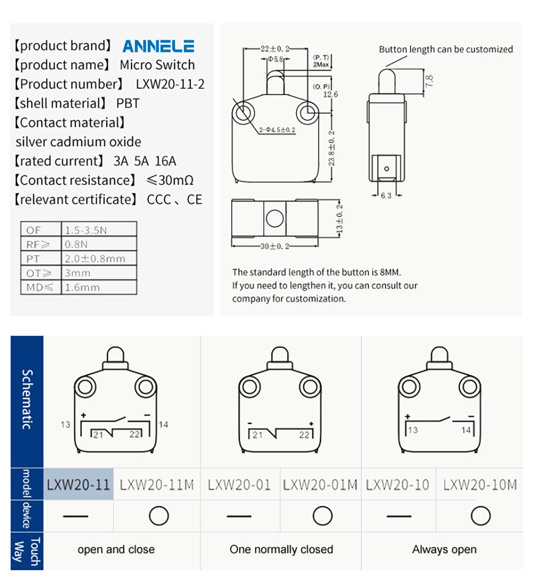 Lxw20 Customized Length Button Plunger Mini Type 4 Pins Silver Alloy Solder Terminal Magnetic Micro Switch