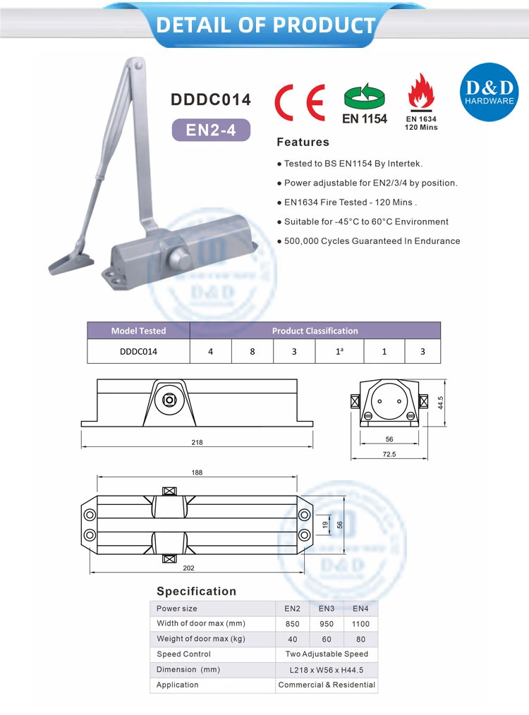 CE En1154 Adjustable Control Security Products Automatic Spring Sliding Hydraulic Swing Auto 180 Degree Aluminium Wood Commercial Fire Rated Double Door Closer