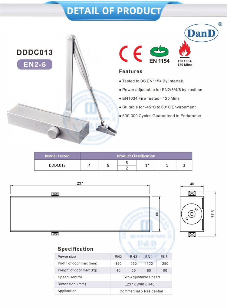 UL Listed Aluminum Alloy Best 180 Degree Automatic Hydraulic Fire Rated Back Check Adjusting Overhead Quiet Hold Open Residential CE Door Closer Manufacturers