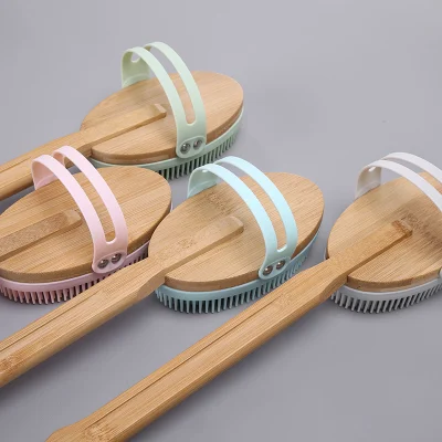 FDA Silicone Back Scrub Loofah Soft Exfoliating Bath Sponge Shower Body Brush with Long Handle for Shower