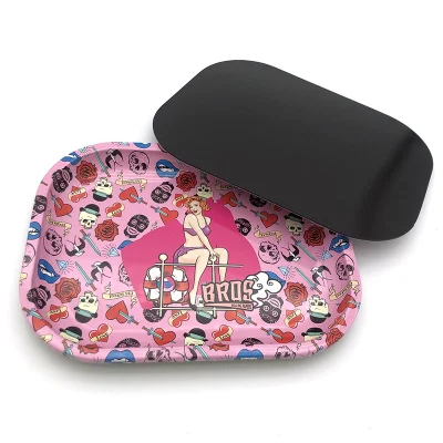 Bros Pink Metal Smoking Rolling Tray with Magnet Cover