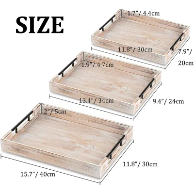 Rustic Wooden/Wood Serving Tray with Metal Handles for Tea/Coffee/Drinks/Meal/Wine