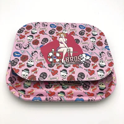 Bros Pink Metal Smoking Rolling Tray with Magnet Cover