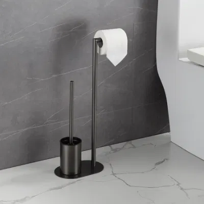 Matte Black Stainless Steel Standing Tissue Toilet Storage Toilet Brush with Paper Holder