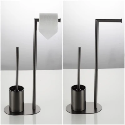 Matte Black Stainless Steel Standing Tissue Toilet Storage Toilet Brush with Paper Holder