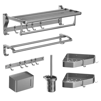 Bathroom Accessories Set Includes Towel Rack, Paper Towel Holder, Practical Moving Row Hook, Triangular Storage Basket, Wall-Mounted Toilet Brush