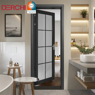 Modern Solid Core Indoor Bathroom Room Swing Door Glass Door Anti-Theft Aluminum Frame with Handle Lock Casement Door