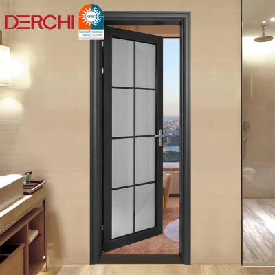 Modern Solid Core Indoor Bathroom Room Swing Door Glass Door Anti-Theft Aluminum Frame with Handle Lock Casement Door