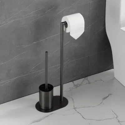 Matte Black Stainless Steel Standing Tissue Toilet Storage Toilet Brush with Paper Holder