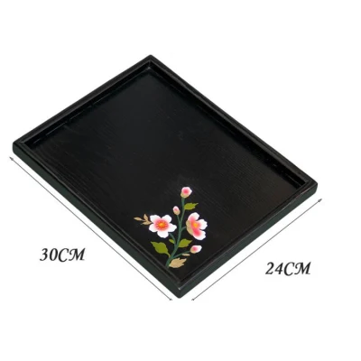 High Quality Custom Serving Tray Beautiful Black Paint Pine Wood Tea Tray with Handle