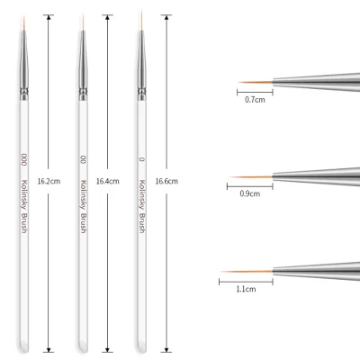 3PCS/Set Kolinsky Acrylic Nail Brush Thin Nail Liner Brush UV Gel Drawing Painting Pen