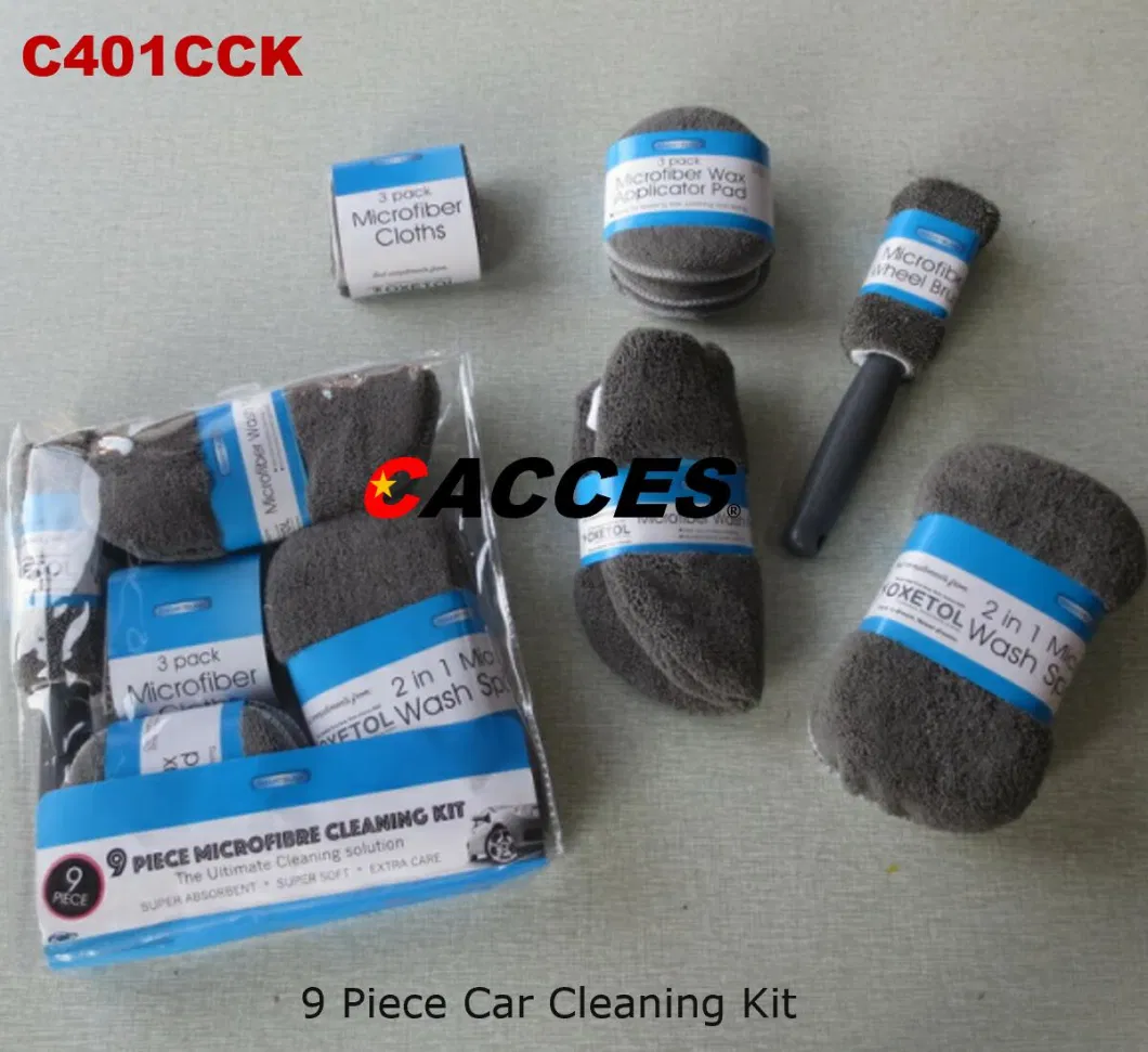 9PCS Car Wash Cleaning Tools Kit Car Detailing Set with Wash Mitt Sponge Multi Purpose Towels Tire Brush Duster Wax Applicator Complete Interior Car Care Kit