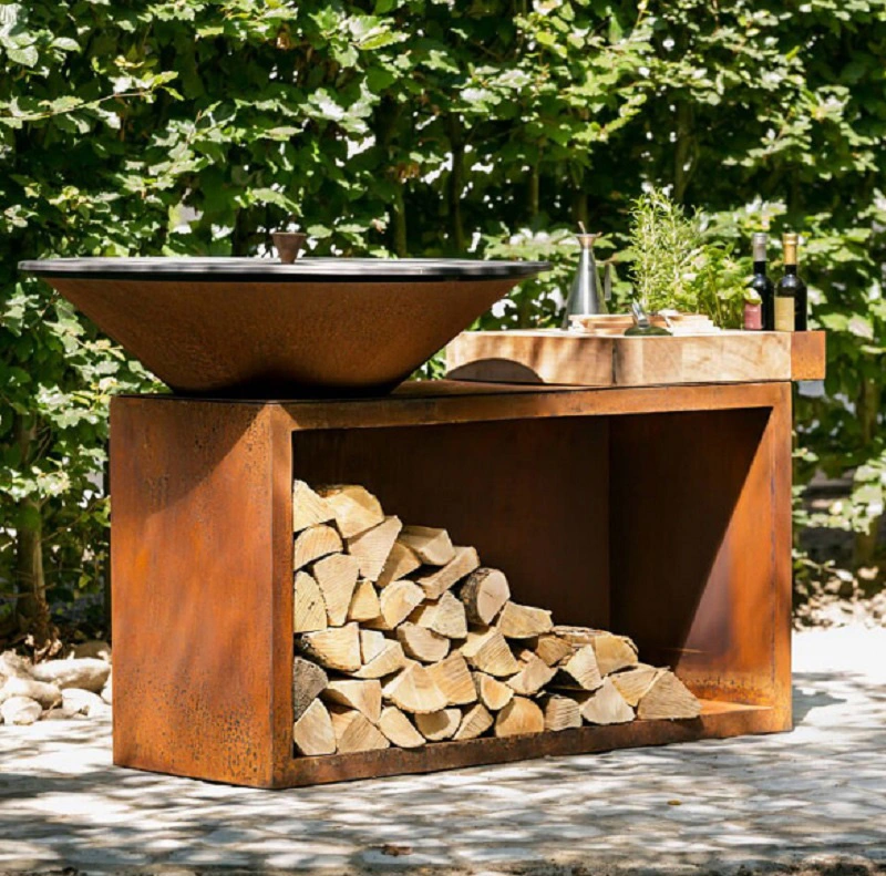 Outdoor Kitchen Corten Steel Barbecue Fire Pit Grill Table