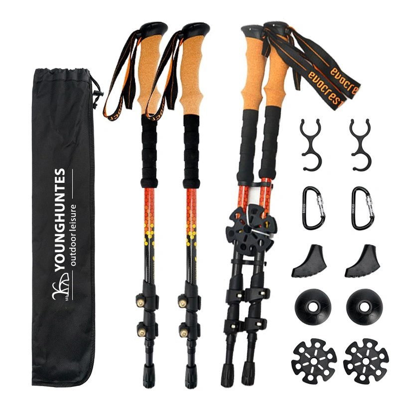 Cork Handle Climbing Trekking Stick Hiking Poles Unbreakable Tactical 3 Section Aluminum External Locked Telescopic Carbon