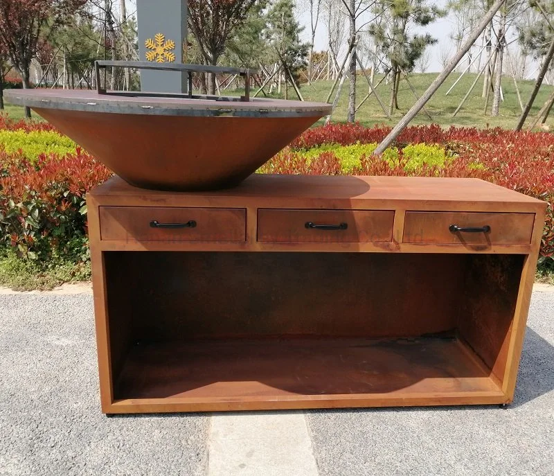 Outdoor Kitchen Corten Steel Barbecue Fire Pit Grill Table