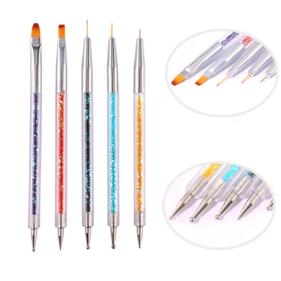  Private Label 5pcs Salón de Uñas Nail Art Juego de cepillos de doble extremo japonés de la pluma de cristal de la camisa del lápiz de dibujo de la bolsa de PVC con cepillo