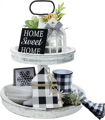  Bandeja de madera de fruta de 2 capas blanca lavada con mango metálico Hogar decoración Bandeja Soporte para pasteles