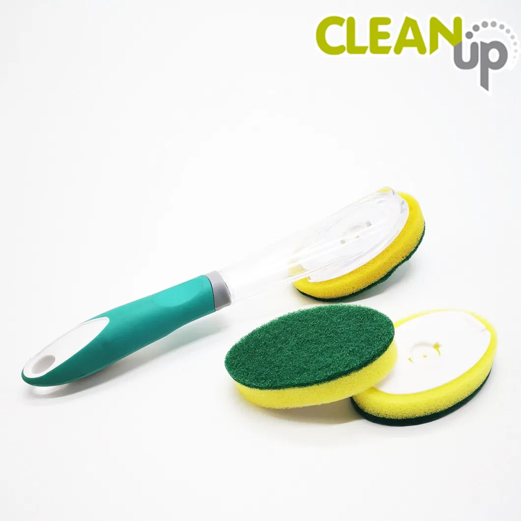 Kitchen Cleaning Plastic Handle Soap Dispensing Washing Dish Brush with Sponge