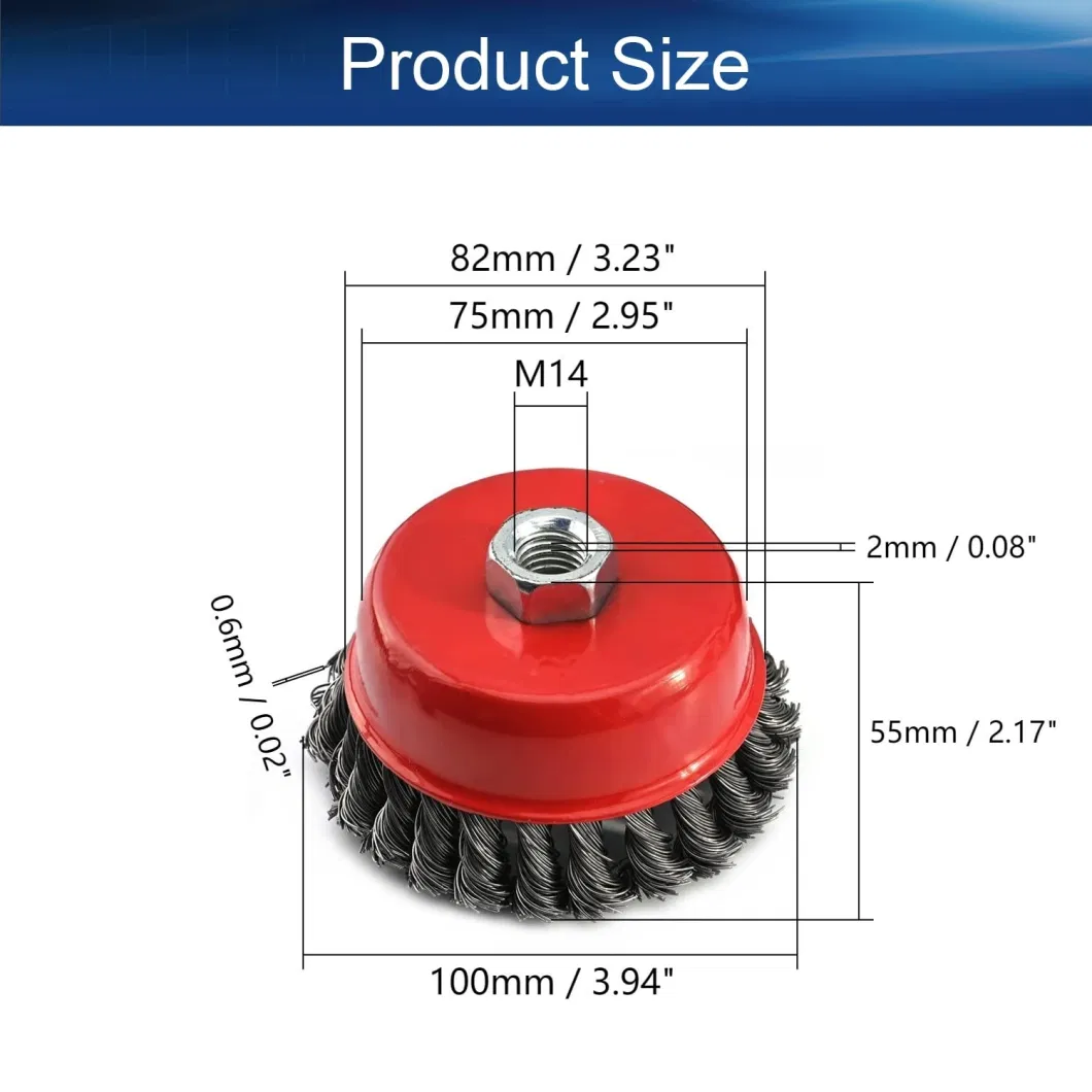 Twist Knotted Crimped Steel Wire Crimped Wire Cup Brush 3 PCS, 100mm Cup Brush with M14 X 2 Threaded Hole for Cleaning Rust