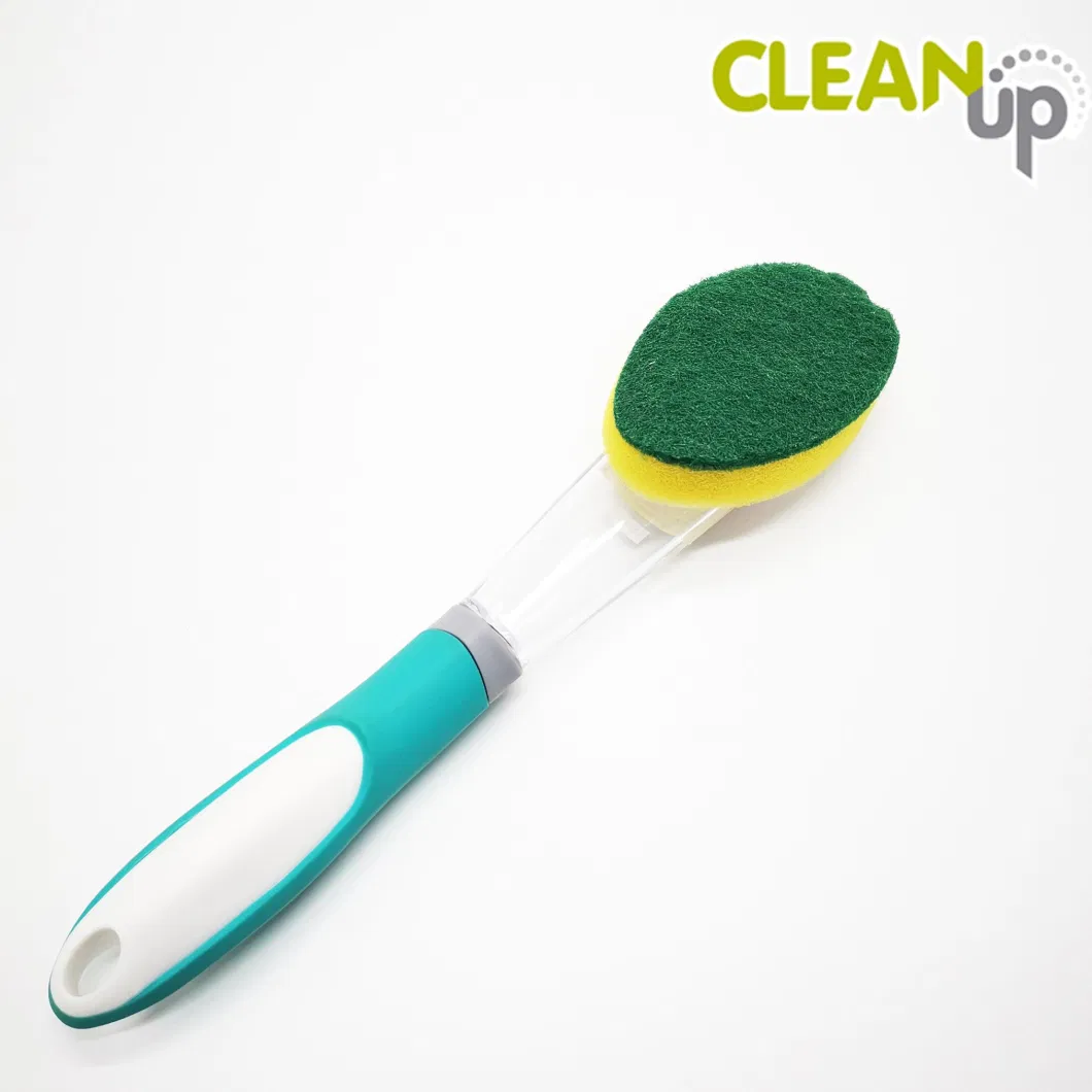 Kitchen Cleaning Plastic Handle Soap Dispensing Washing Dish Brush with Sponge