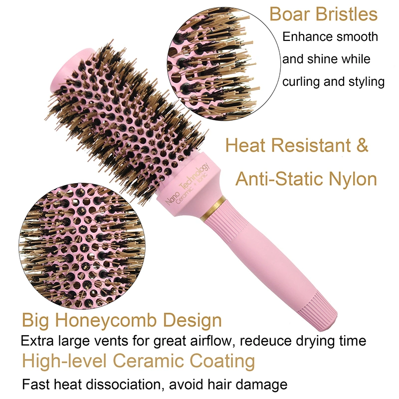 Ceramic Hair Brushes Manufacturers Boar Bristle Salon Styling Round Pink Hair Brush