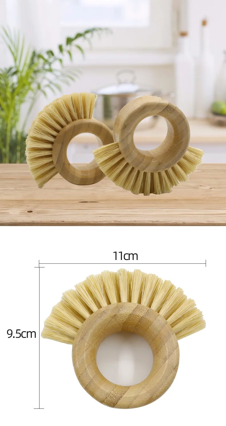 Round Kitchen Vegetable and Fruit Pot Cleaning Brush Bamboo Beech Wood Sisal