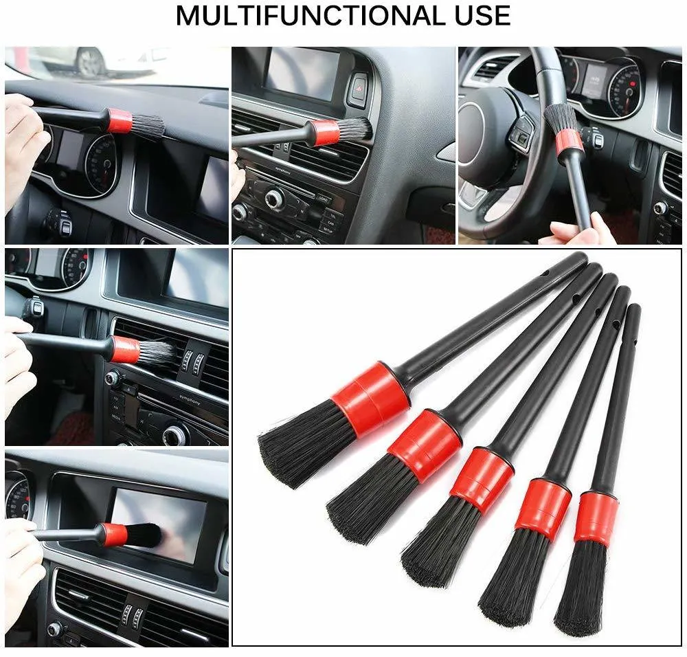 5 Different Sizes Natural Boar Hair Mixed Fiber Plastic Handle Car Detail Brushes for Cleaning Wheels, Engine, Interior, Emblems, Air Vents, Cars Esg12980